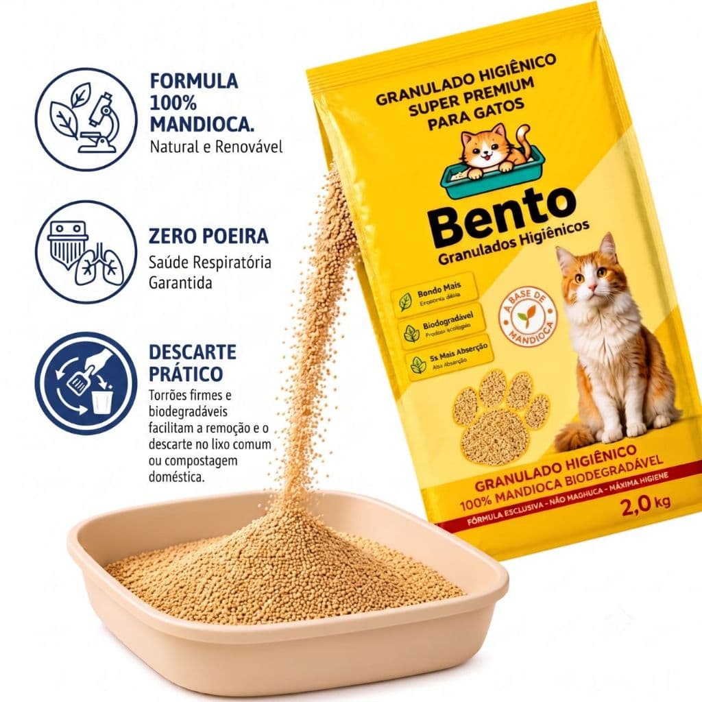 Areia Biodegradável Para Gato 2kg Higiênica Sanitária 100% Mandioca Natural Sem Odor Granulado Grãos