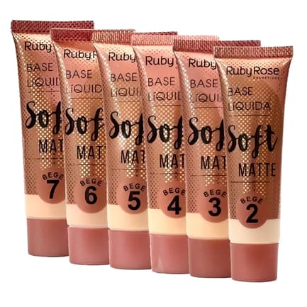 Base Líquida Soft Matte Ruby Rose 29ml Longa Duração Controle de Oleosidade Tons Bege e Chocolate