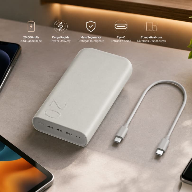 Bateria Carregador Portátil 3x USB-C, 20000mAh, Super Rápida 45W