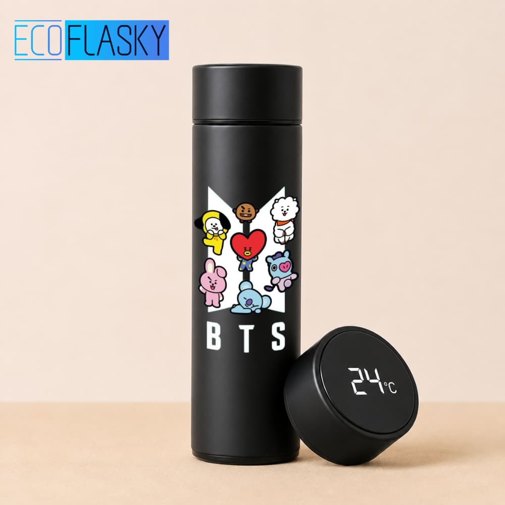 Garrafa Térmica de Água BTS Kpop Aço Inox Estampada Medidor Temperatura Termometro LED Digital 500ml