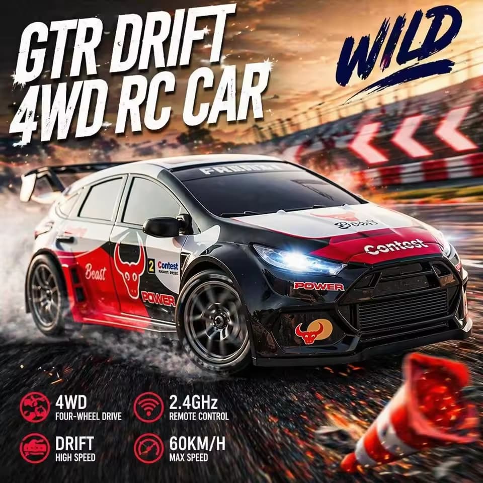 Carrinho Drift Controle Remoto 4WD RC com Luzes LED 2 Velocidades Pneus Extras Recarregável USB