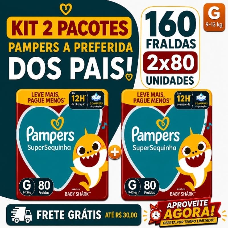 FRALDA DESCARTÁVEL PAMPERS SUPERSEQUINHA TAMANHO G 80 UNIDADES - KIT 2 PACOTES 160 FRALDAS BABY SHARK