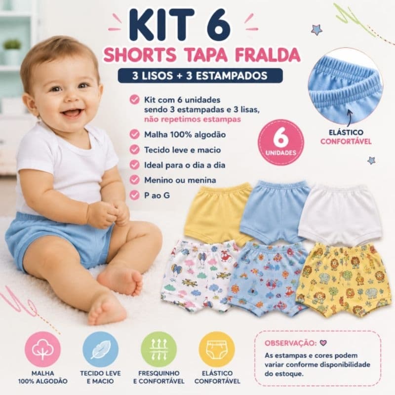 Kit 6 Shorts Bebê Tapa-Fralda em Algodão Roupa Infantil Menino e Menina