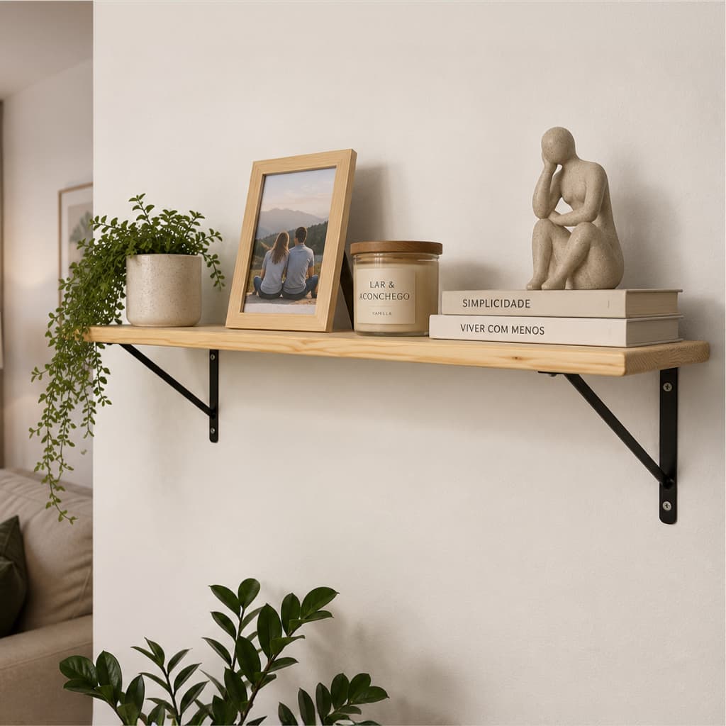 Prateleira de Mão Francesa 100x20cm Madeira Natural Com Suporte De Parede 1 Metro