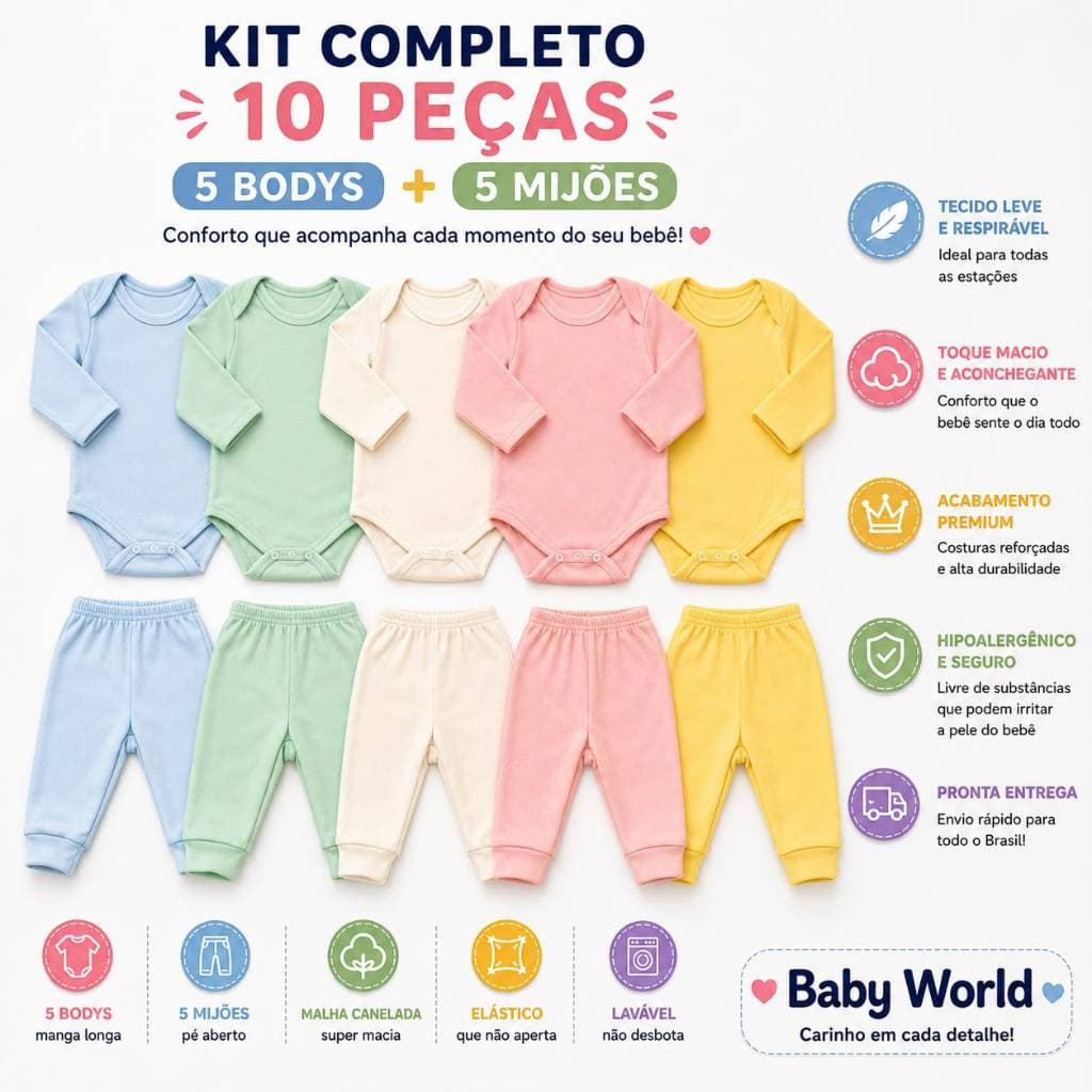 Kit 10 Peças - Conjunto Body Manga Longa + Calça Lisa Bebê