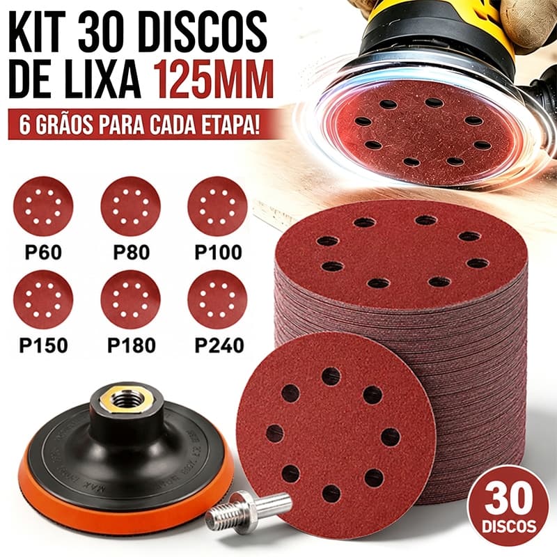 Kit 30 discos lixa 125mm com velcro, suporte compatível furadeira, lixadeira e esmerilhadeira,lixar paredes e madeira