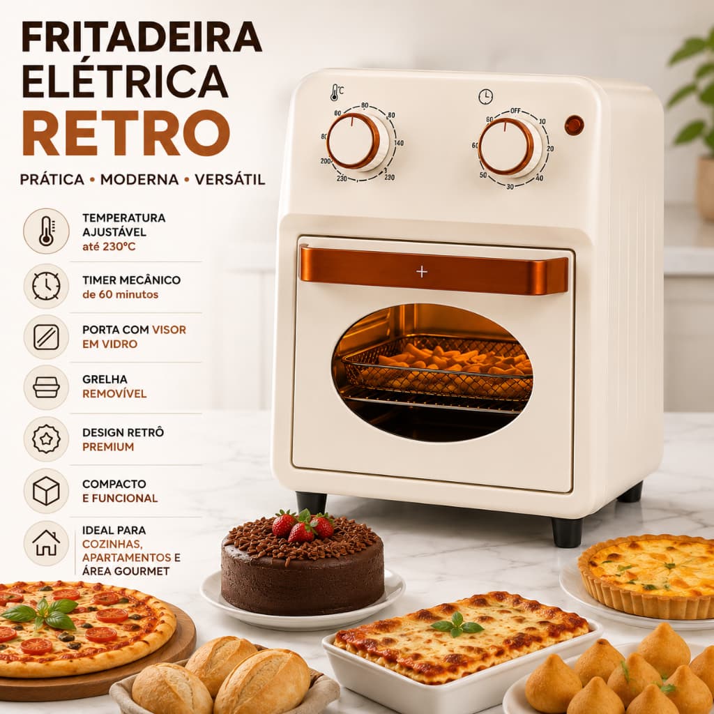 Fritadeira Sem Óleo Air Fryer Elite Retro Preta 11L | Grande, Retrô, Ideal para Assar, Grelhar e Fritar com Ar Quente