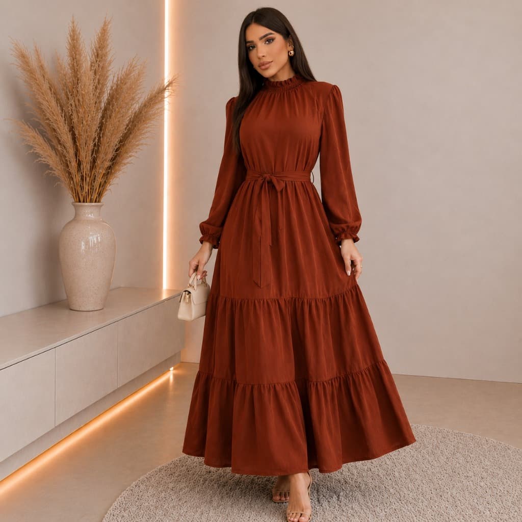 Vestido Feminino Manga Longa Gola Alta Tecido Duna Premium Moda Cristã Evangélica Elegante P ao GG