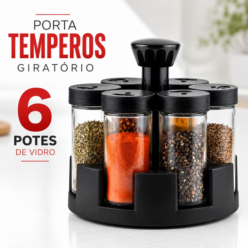 Porta Temperos Giratório 6 Potes de Vidro com Dosador Organizador de Temperos Condimentos para Cozinha