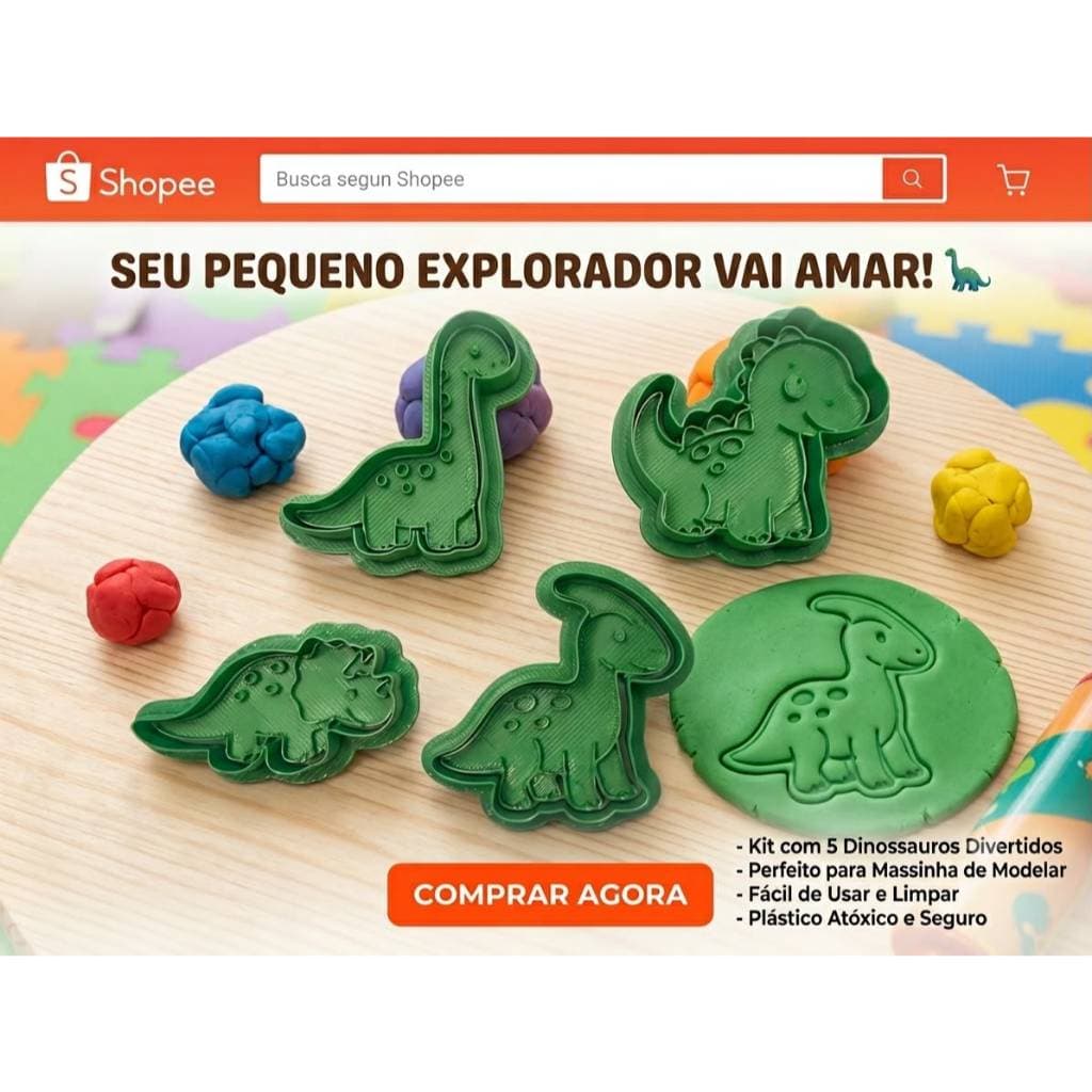 Kit Cortadores de Massinha Dinossauros | 5 Peças | Brinquedo Educativo Montessori | Modelar Biscuit e Massinha