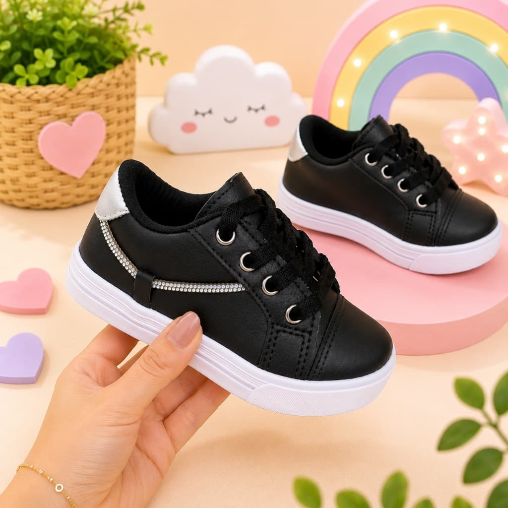 Tênis Infantil Menina Preto Rosa Strass Brilho Estiloso Confortável Volta às Aulas Promoção Casual