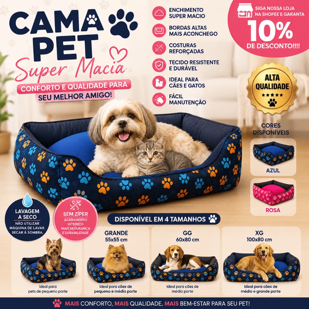 Cama Pet Caminha para Cachorro e Gato Super Macia com Almofada M G GG XG