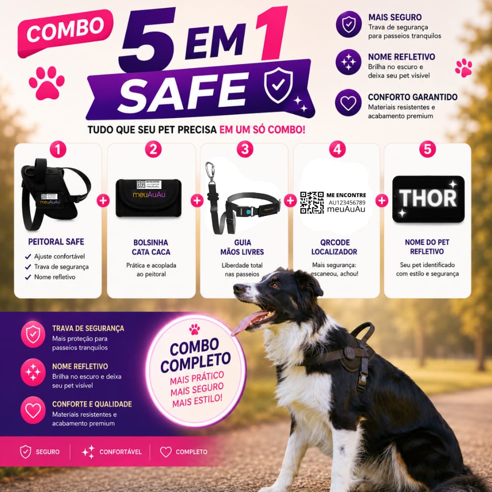 Peitoral Coleira 5 em 1 Com Guia Cata-Caca QR localizador e Nome do Pet