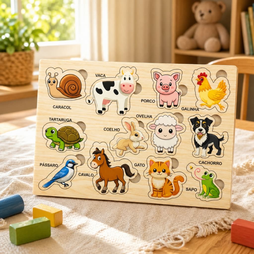 Quebra Cabeça Animais Brinquedo Educativo Pedagógico Encaixe Didático 12 pçs Tabuleiro Educação