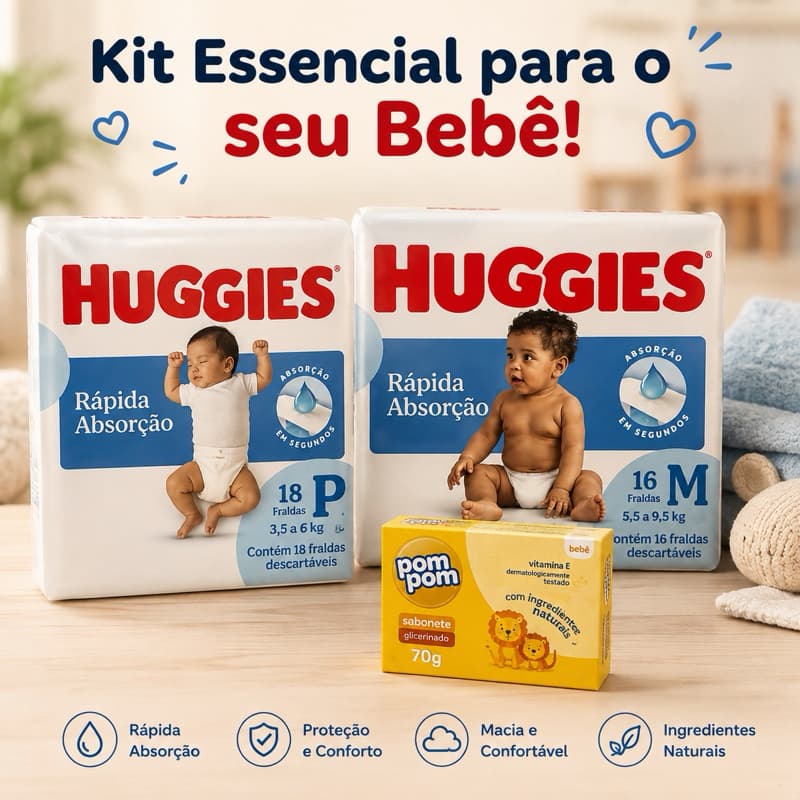 Kit Chá  2 Pacotes de Fraldas Descartáveis Huggies+1 Sabonete - Tripla Proteção - Todos os Tamanhos