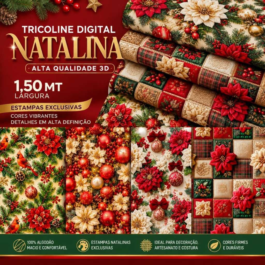 Tricoline Estampado Natal Digital 100% Algodão *venda a partir de 50 cm* Artesanato e Patchwork.