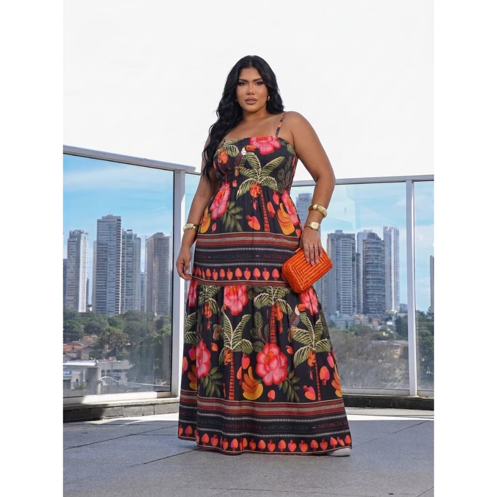 Vestido Longo Plus Size Estampado All Curve Modelador Feminino Verao Florido Primavera Elastico Alça Fina