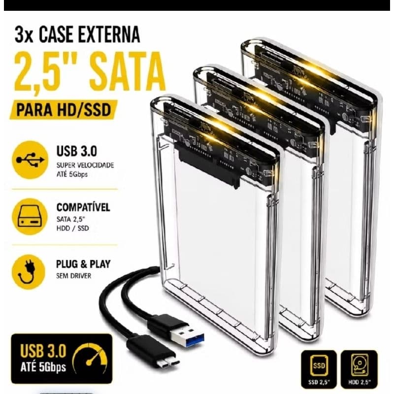 Kit 3 Case Gaveta Externa HD/SSD 2.5" Sata USB 3.0 Transparente — Alta Velocidade