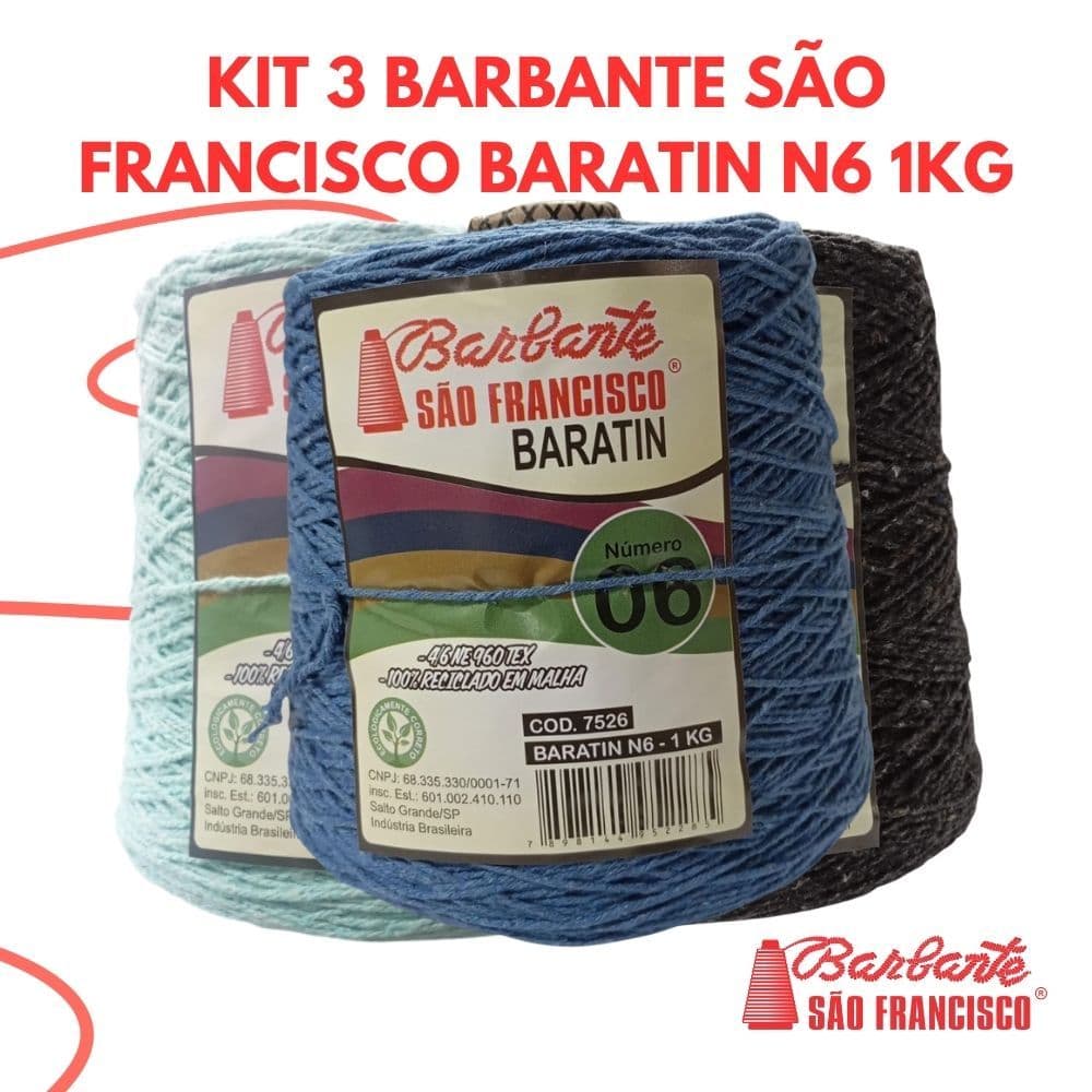 Kit 3-com cones Barbante Baratin nº06 1kg-90% Algodão, Linha Para Crochê- Tapetes de BARBANTEs