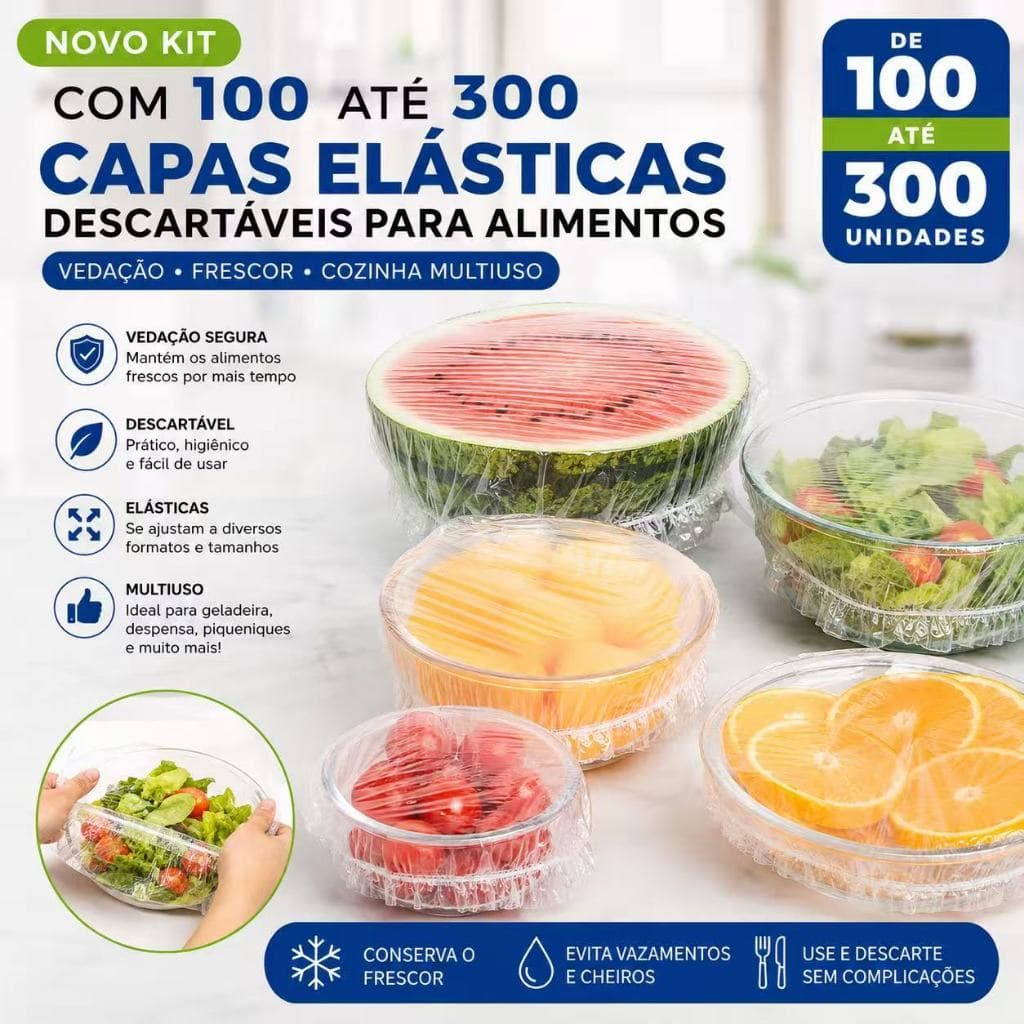 Novo Kit Com 100 Até 300 Capas Elásticas Descartáveis Para Alimentos Vedação Frescor Cozinha Multiuso
