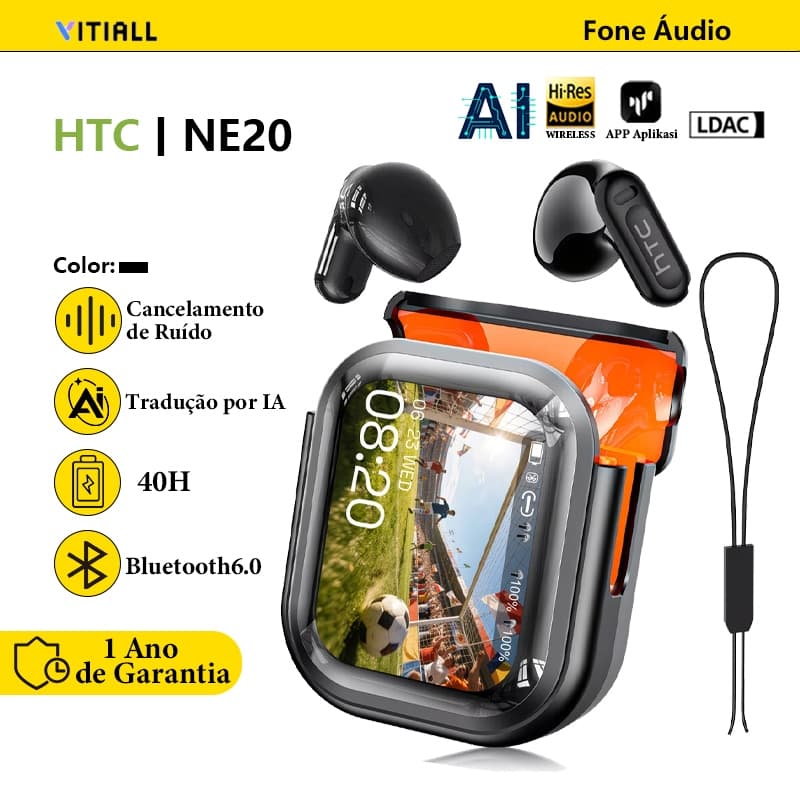 HTC NE20 Fone de Ouvido Bluetooth Open Ear sem Fio Tradutor AI 134 Idiomas Tela Touch HiFi Bluetooth 6.0 IPX5 55H