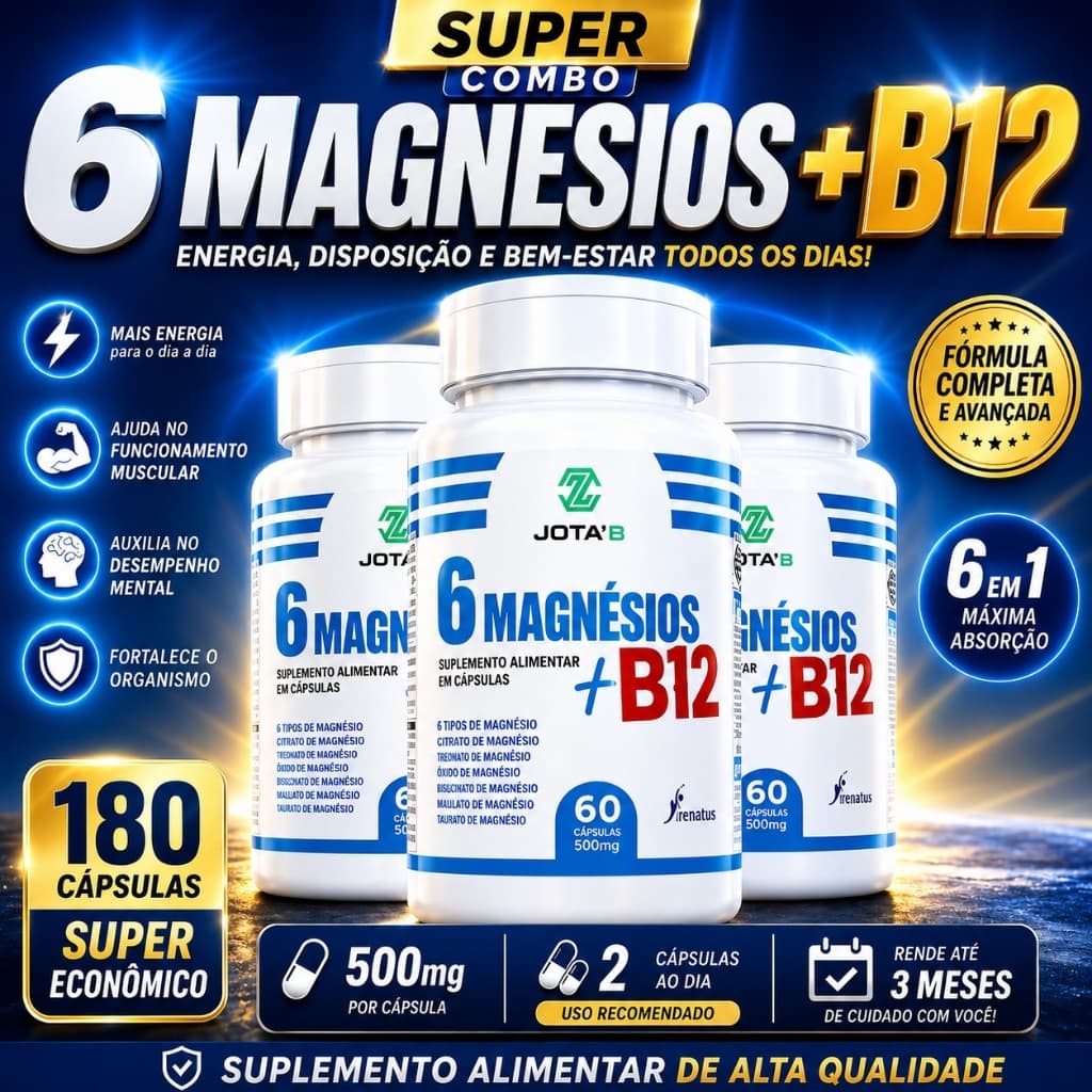 6 Magnésios + Vitamina B12 (Metilcobalamina) 100% Original – Suplemento Alimentar 60 Comprimidos