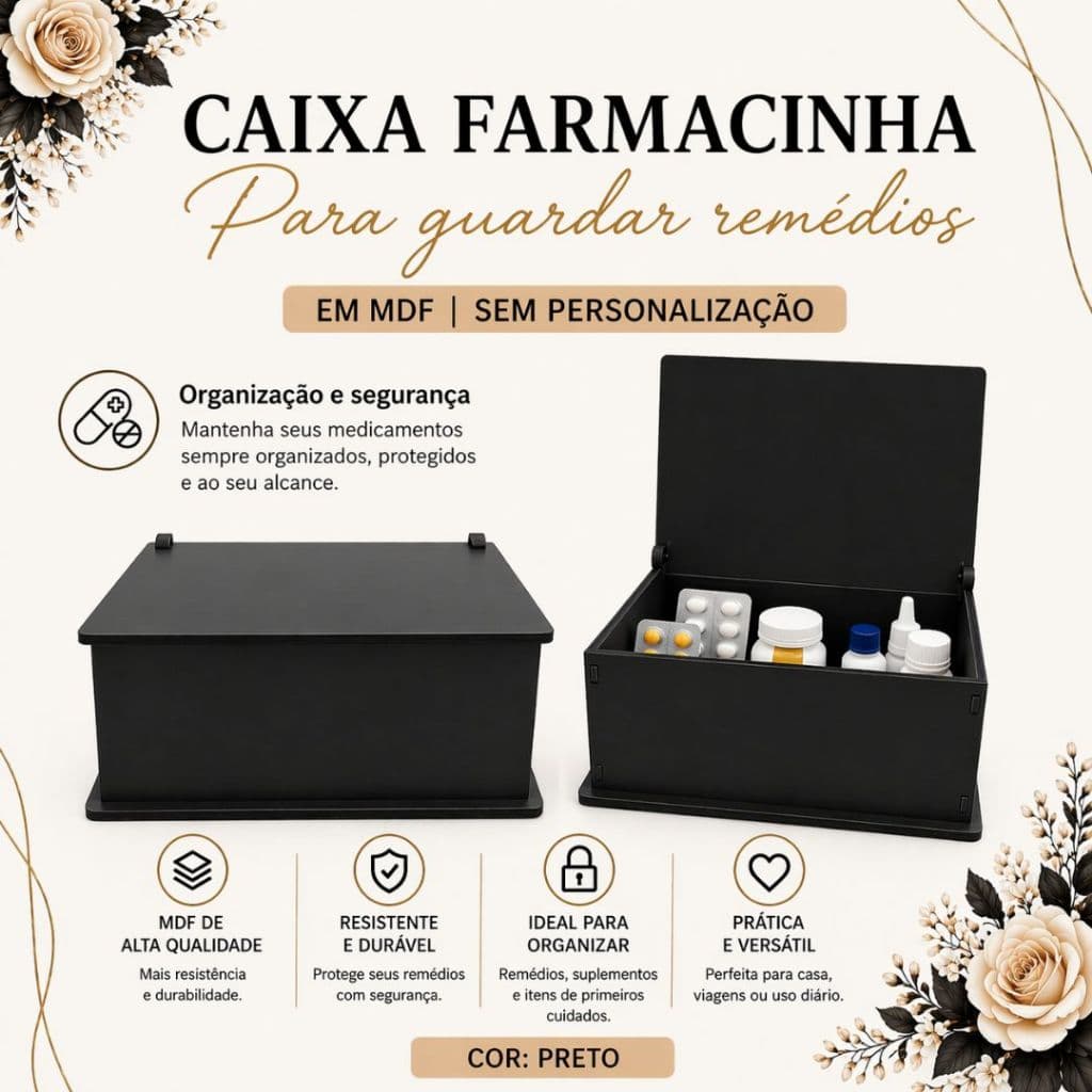 Caixa Farmacinha em MDF Organizadora de Remédios Kit Primeiros Socorros Tampa com Dobradiça Cor Preto