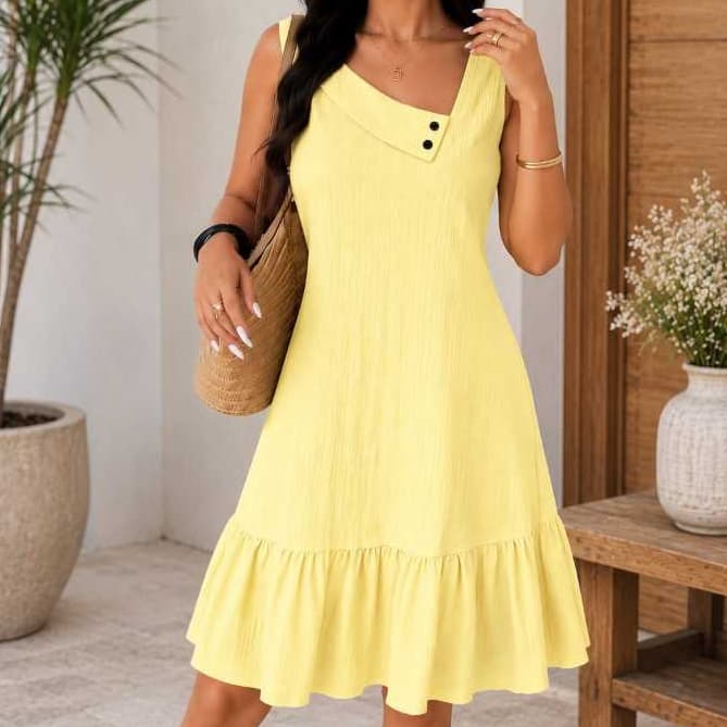 Vestido Feminino Midi Regata Sem Manga Babado Elegante Casual Verão Moda Feminina