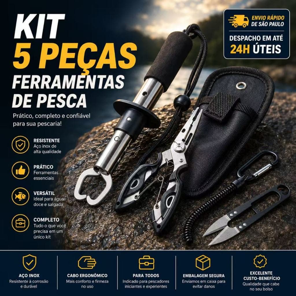 🎣 Kit 5 Peças de Ferramentas Multifuncionais para Pesca – Completo, Prático e Resistente