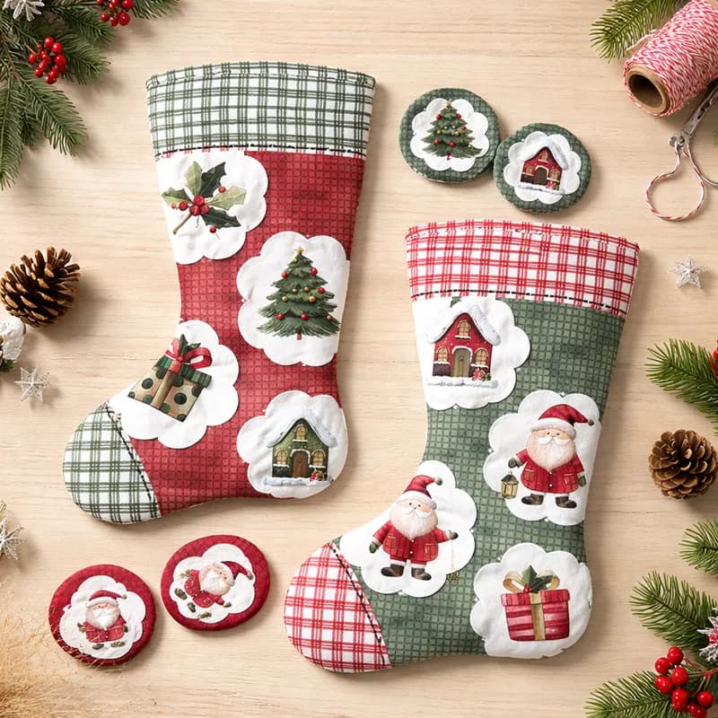 Tecido PAINEL tricoline Meia Bota De Natal Patchwork Costura Criativa  ( NÃO VENDEMOS A PEÇA PRONTA )