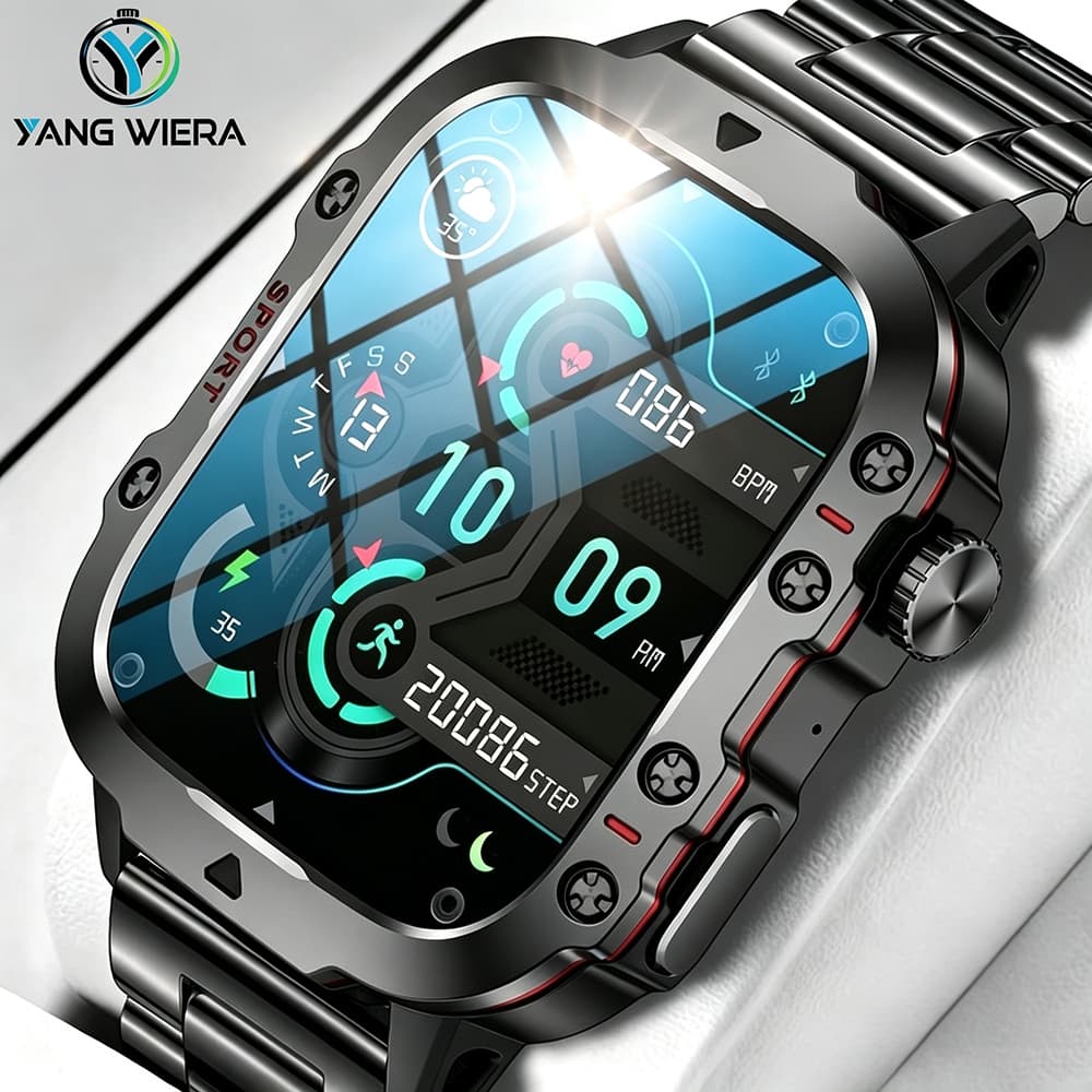 YANG WIERA Relógio Inteligente Masculino Militar Esportivo, Chamada Bluetooth, Monitor Cardíaco, IP67 À Prova D'Água