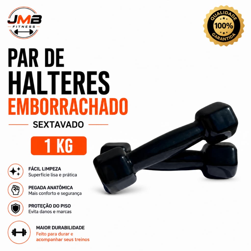 Halteres Emborrachado Sextavado 1 kg (PAR) Academia Musculação, Fisioterapia