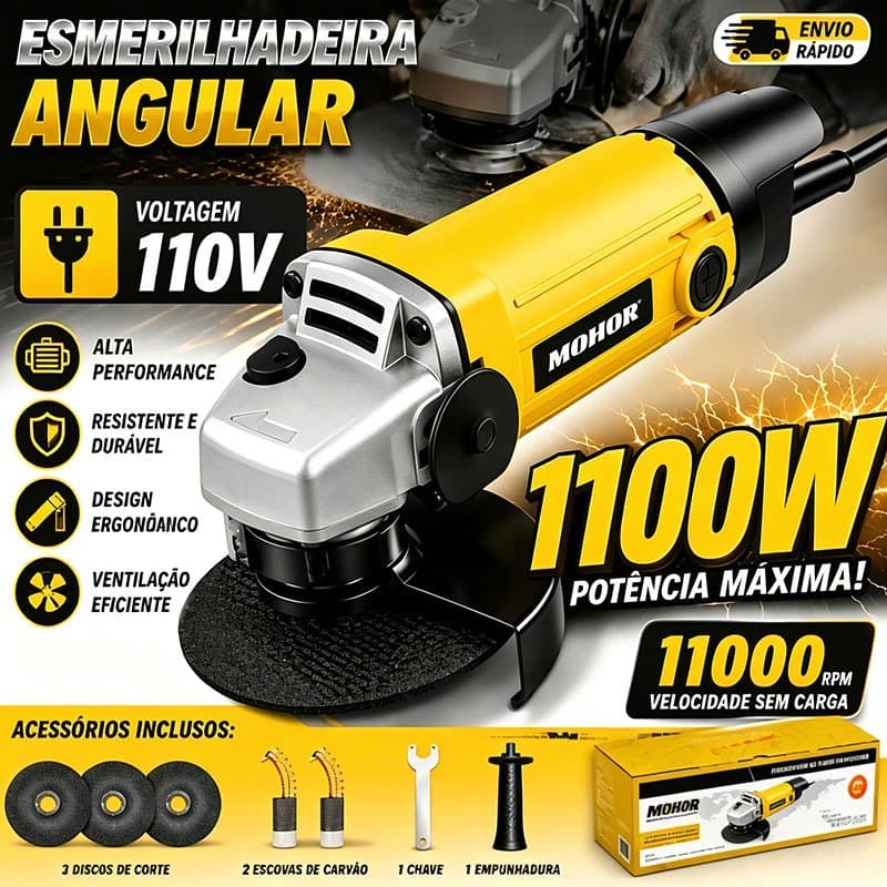 Kit Esmerilhadeira Angular 110V Profissional Lixadeira 1100W Com 3 Discos de Corte e Acessórios