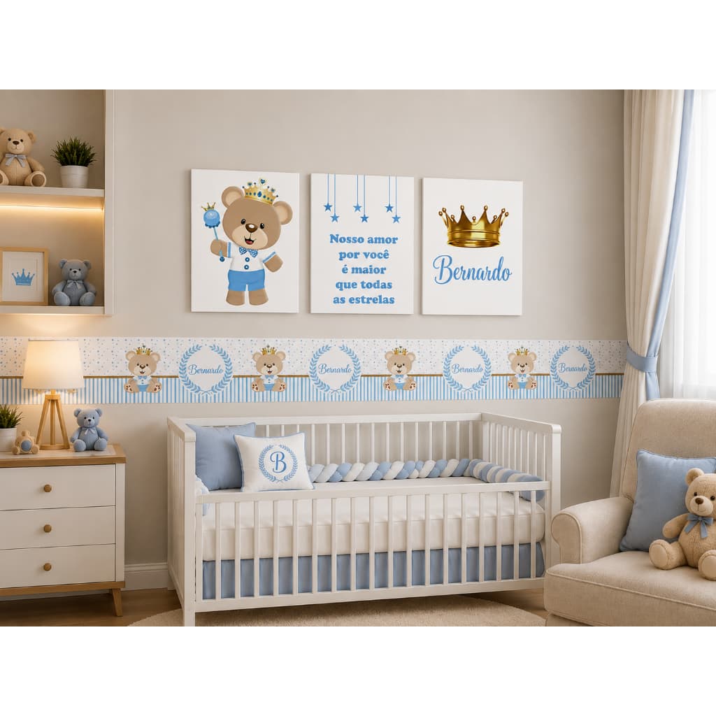 kit quadro decorativo infantil Urso príncipe azul Bebê +2 Faixas decorativas pra enxoval do seu bebê
