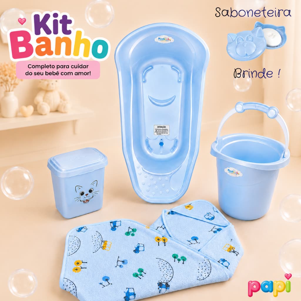 Kit Funcional Banheira bebê 20L, Balde Ofurô 11L, Lixeira e Toalha  para Banheira bebê menino menina