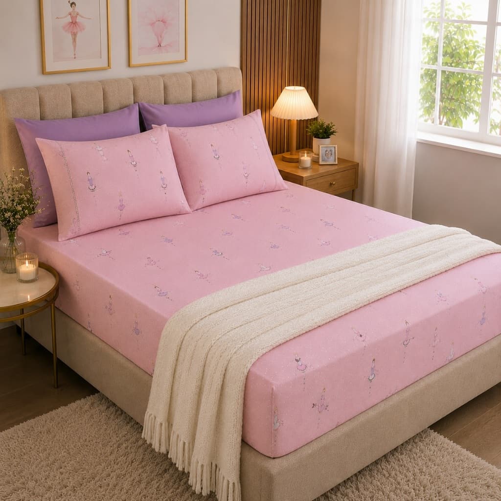 Lençol Bailarina com Elástico Solteiro Casal Queen King Jogo de Cama Rosa com Fronhas Infantil Feminino