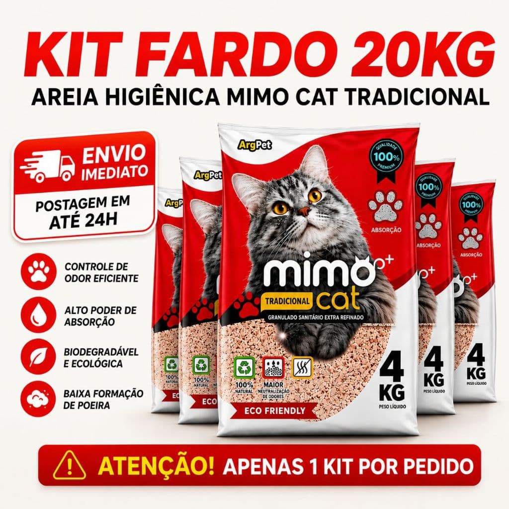 Kit 5 Areia Sanitária Higiênica Argila Natural Mimo Cat Tradicional para Gatos Antiodor 20kg Argipet