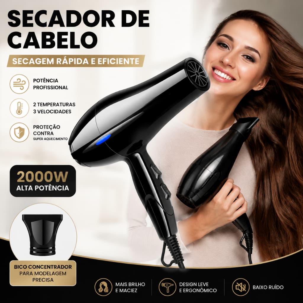 Secador de Cabelo Profissional 3200W Íon Turmalina 2 Velocidades 3 Temperaturas Com Bico e Difusor 127V