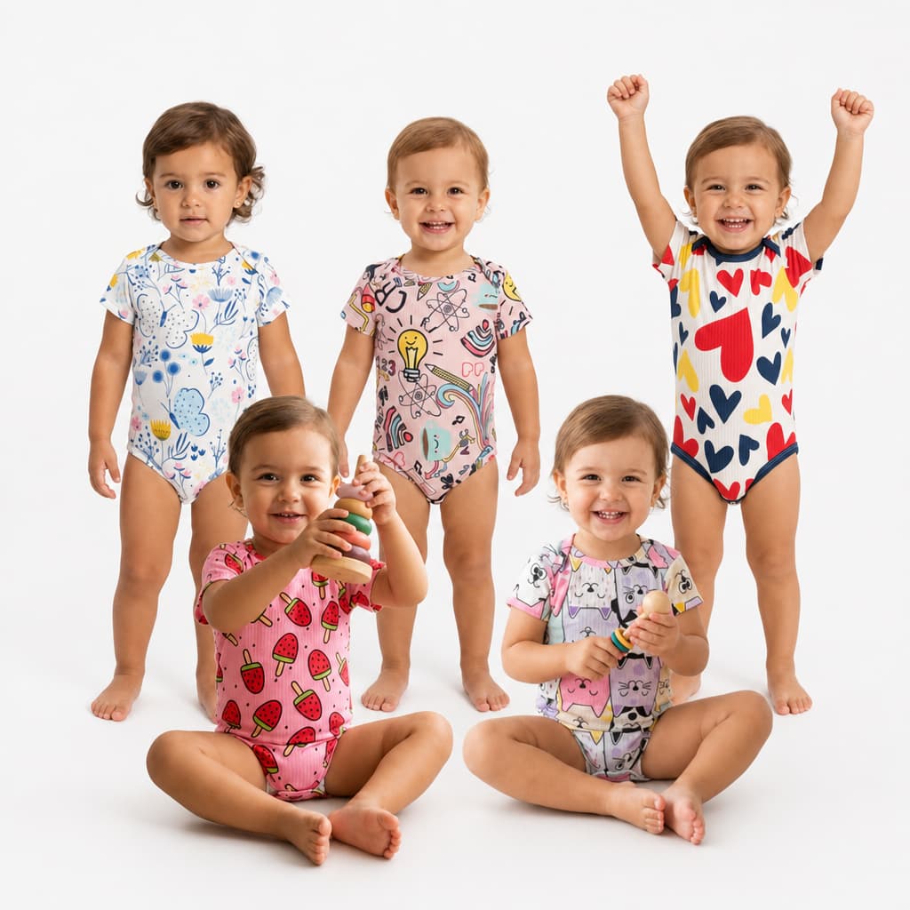 Kit 5 Bodies Bebê Manga Curta Ribana Canelada Premium Estampado Enxoval P ao GG