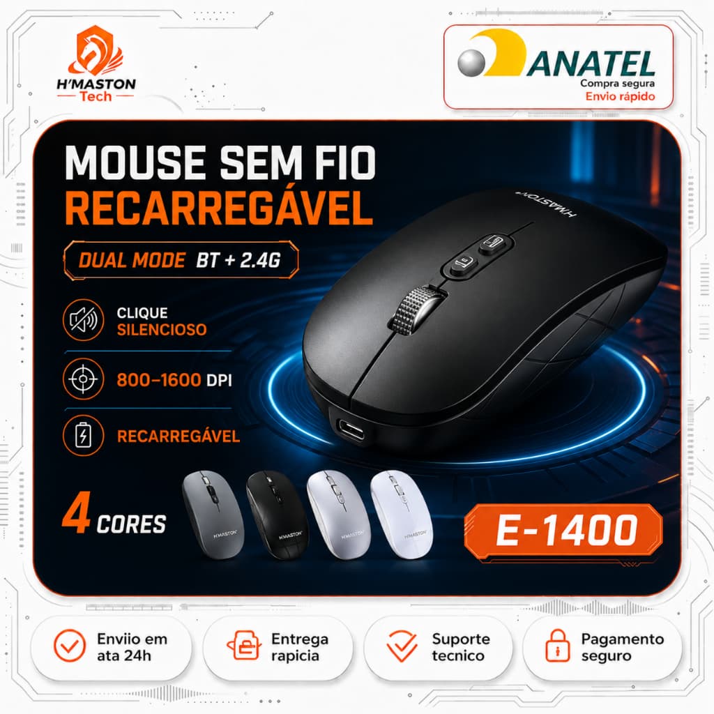 H'maston E-1400 Mouse Sem Fio Para Notebook Mouse Sem Fio Recarregável Mause Mouse Bluetooth Mouse Ergonômico Sem Fio