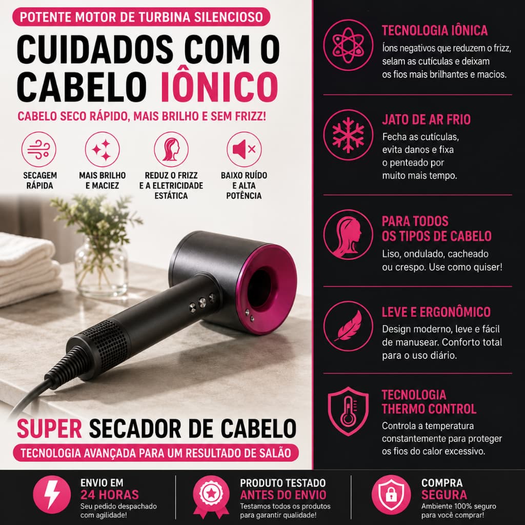 Secador de Cabelo Profissional Turbo Alta Potência Ar Quente e Frio Iônico com 5 Acessórios Magnéticos 110V