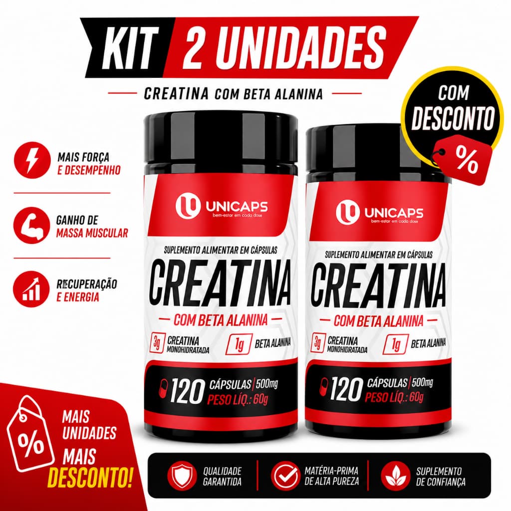 Kit 2 Creatina Monohidratada com Beta Alanina 240 Cápsulas Pré Treino Massa Muscular Força - Unicaps