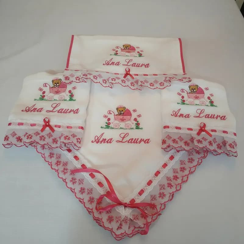kit bebe personalizado fralda ombro boca bordada enxoval ursa carrinho