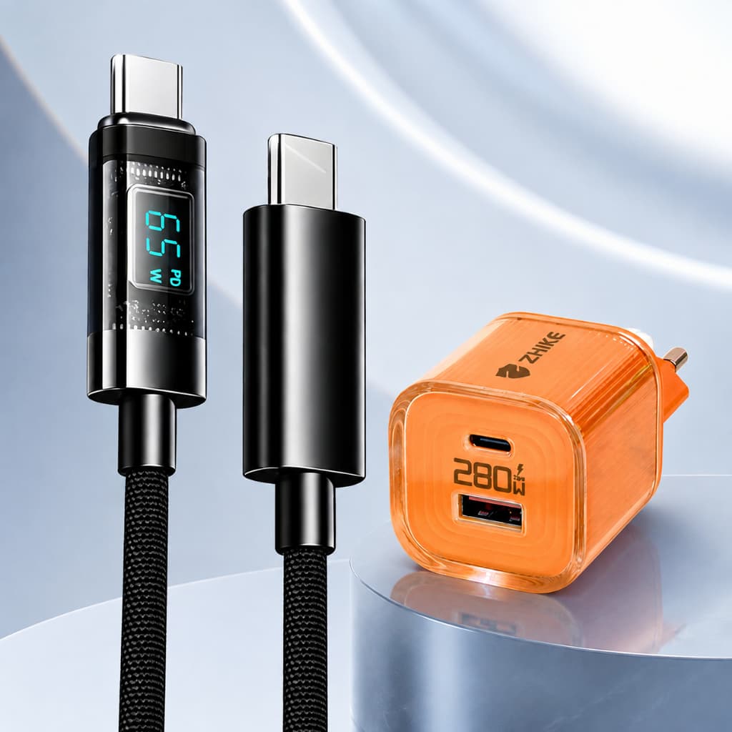 Cabo Carregador Carregamento Rápido PD Tipo C iP Visor Digital Trançado de Nylon Com Adaptador GaN