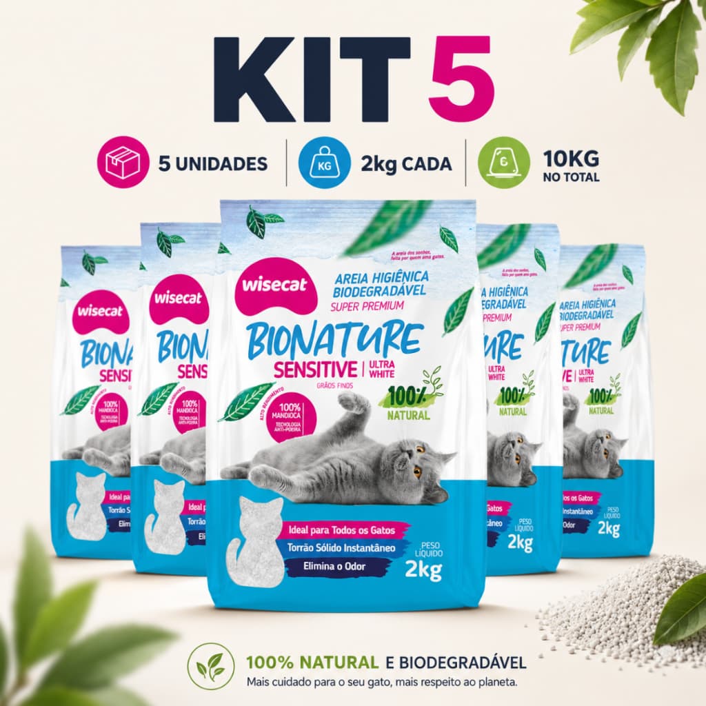 Kit 5 Areia Sanitária De Mandioca Grãos Finos Para Gatos Biodegradável Wisecat 10
