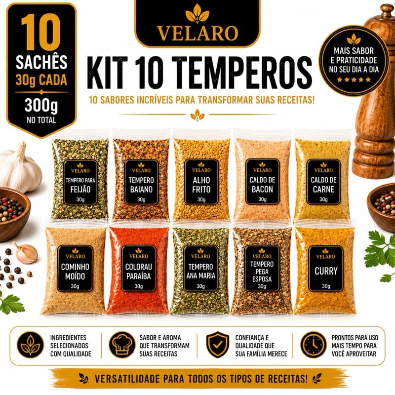Kit 10 Temperos 30g Velaro | Pimenta-do-Reino, Chimichurri, Cominho, Caldos e Mais (Kt05)
