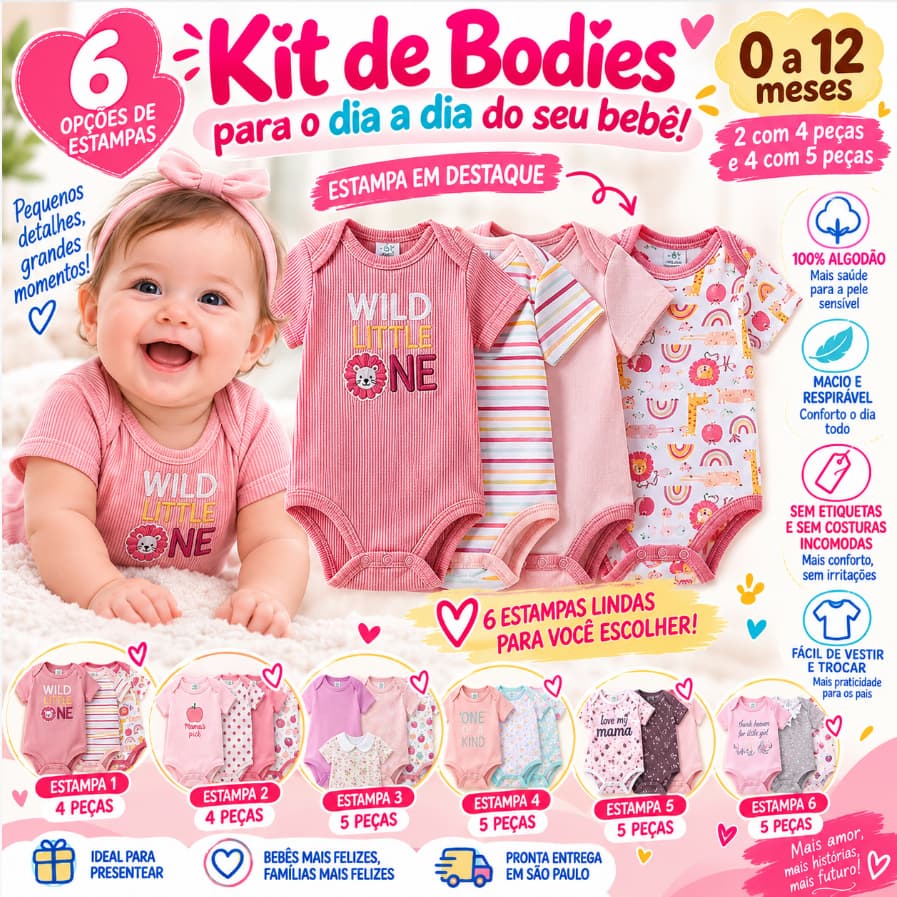 Kit Bodies Bebê Menina 4/5 Peças Algodão Manga Curta Roupa Infantil Recém-Nascida 0 a 9 Meses