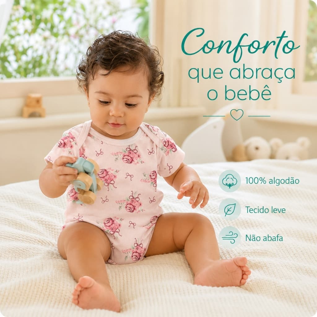 Kit Body Bebê Menina 5 Peças 100% Algodão Manga Curta Floral Enxoval Bebê 0-3M 3-6M 6-9M