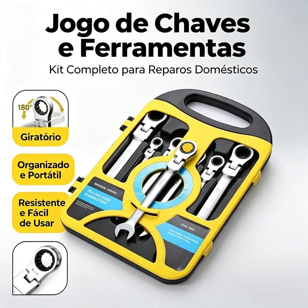 Jogo 7 Chaves Catraca 180° Aço Cr-V 8mm a 19mm, Ferramenta Reparo Veicular e Doméstico