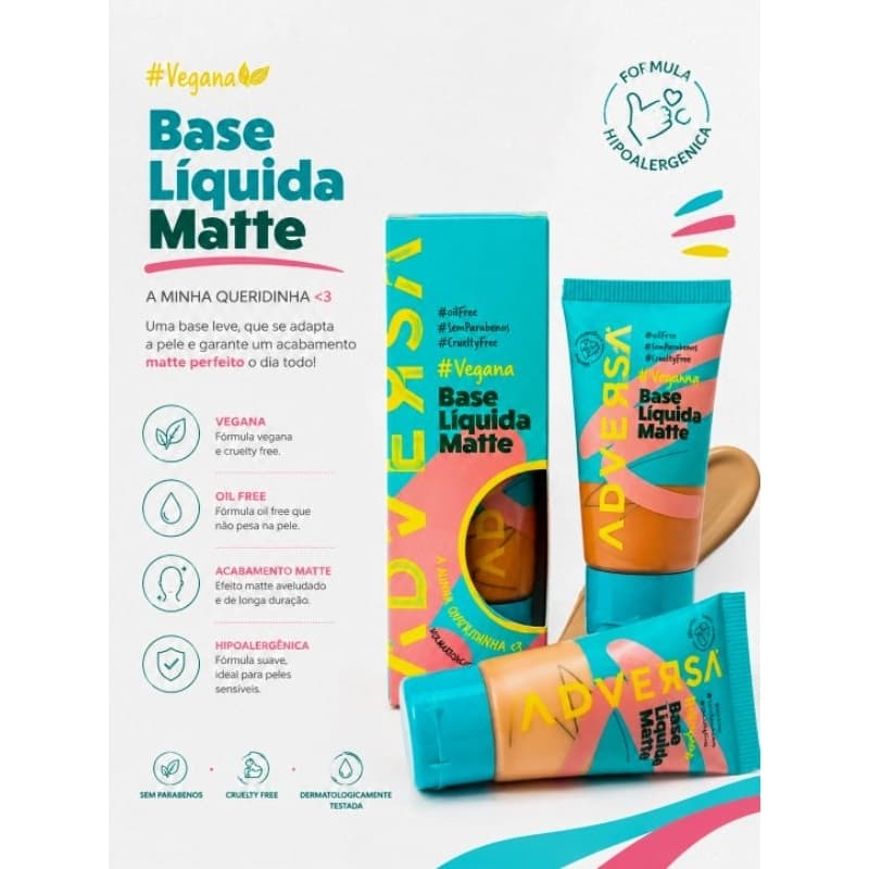 Base Líquida Matte Vegana 25ml Adversa Tons Médios Claros e Médios Escuros